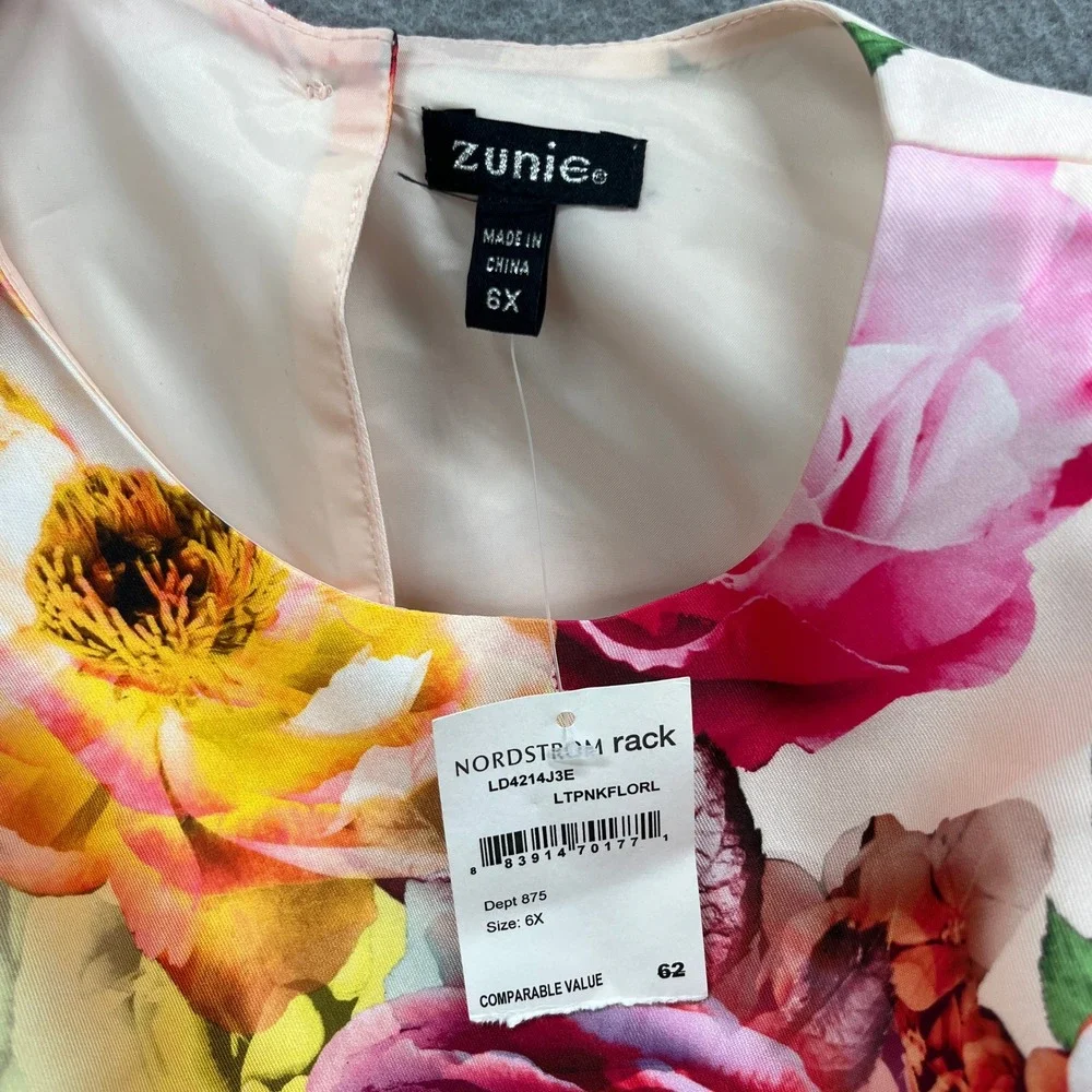 Zunie Floral Fit & Flare Dress Girls 6X Pink Sleeveless Bow Party Easter Wedding